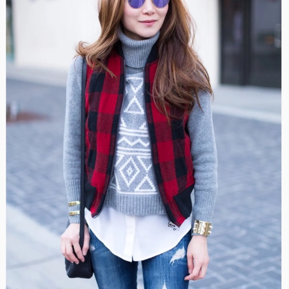 Madewell, red, buffalo check puffer vest, L